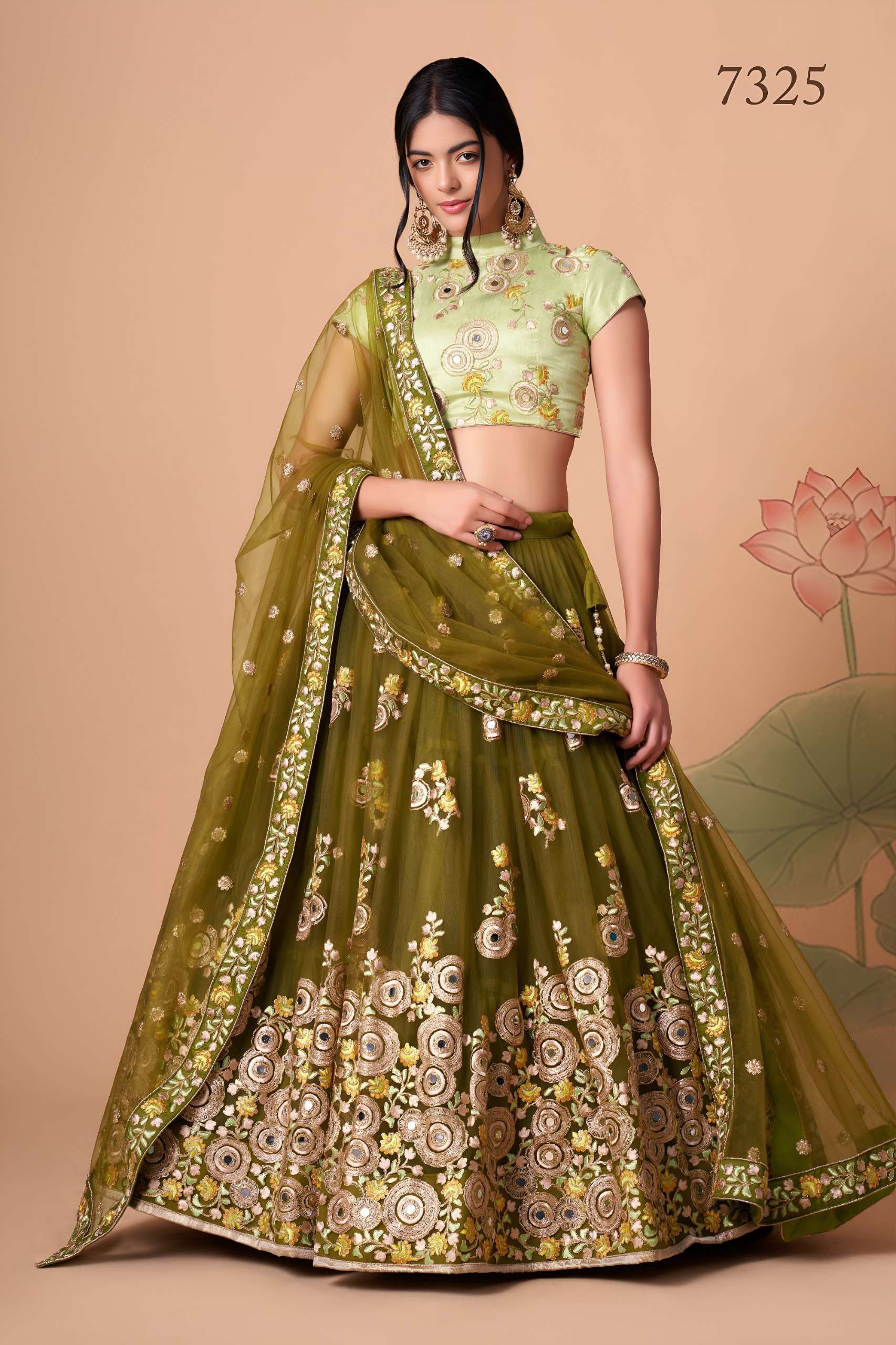 Olive Green & Pista colour Mirror and Embroidered work om net Lehenga Choli supplier in surat 7325 Mehndi